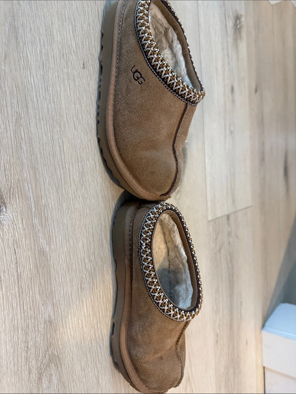 UGG Kids Chestnut Brown Suede Slip-On Slippers with Braided Trim